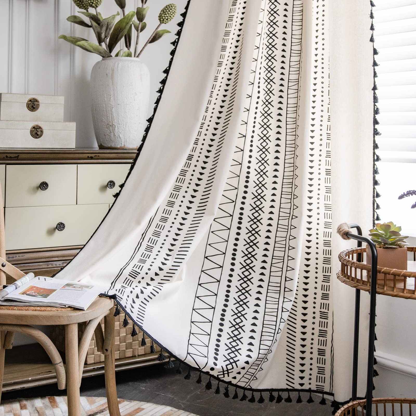 Sutuo Home Boho Curtain 84 Inches Length for Bedroom, Printed Cotton Linen Geometry Rod Pocket Chic Semi Blackout Bohemian Tassels Window Treatment for Living Room, 1 Panel 59" W x 84" L, Black — image 1