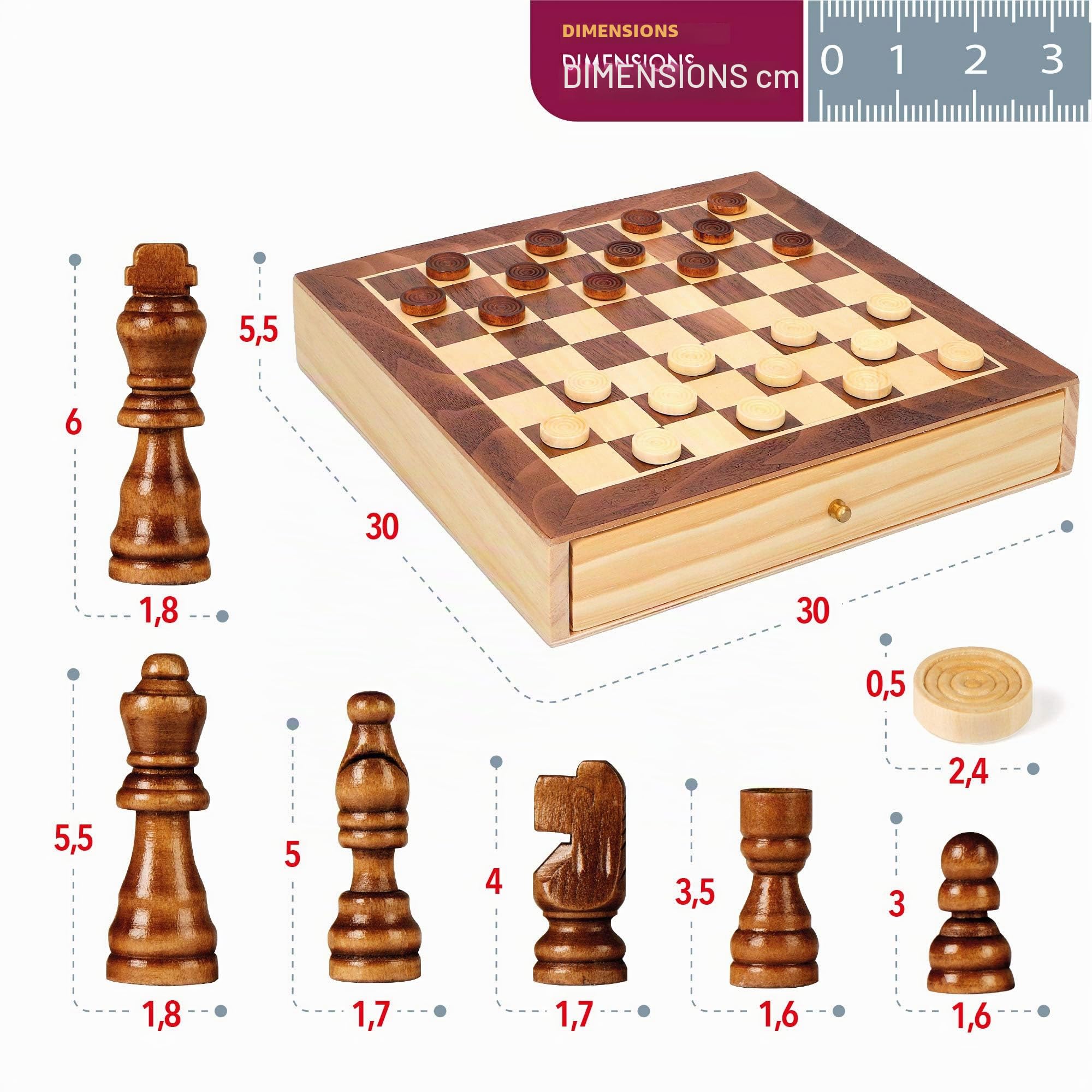 ColorBaby CB Games 45594 Jeu de société d'échecs et de Dames 2 en 1 en Bois avec tiroir 30 x 30 cm