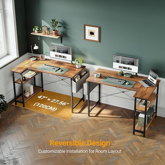 CubiCubi L Shaped Corner Desk, 100x70 cm Computer Desk with Storage Bag, Small Writing Table with Large Reversible Storage Shelves, Workstation for Study Play Work Home Office, Rustic Brown