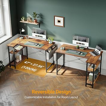 CubiCubi L Shaped Corner Desk, 100x70 cm Computer Desk with Storage Bag, Small Writing Table with Large Reversible Storage Shelves, Workstation for Study Play Work Home Office, Rustic Brown