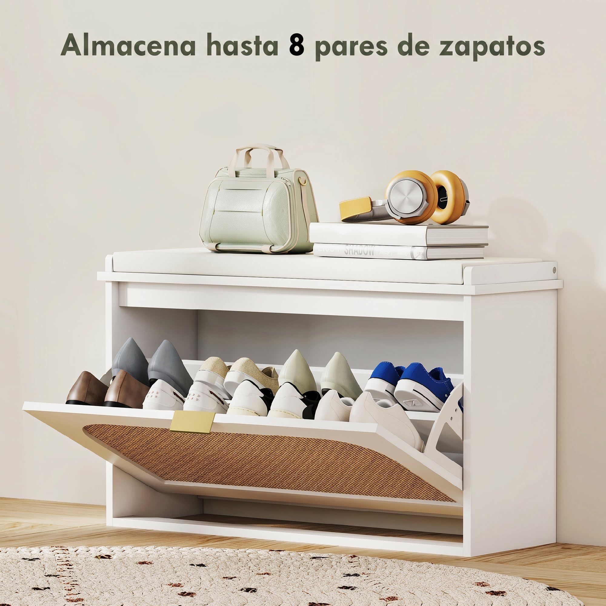 HOMCOM Banco Zapatero Boho con Asiento Acolchado 80x26x47,5 cm Blanco | Banco Recibidor Estrecho, Puerta de Ratán, Cajón Abatible, Estante Ajustable, para 8 Pares de Zapatos