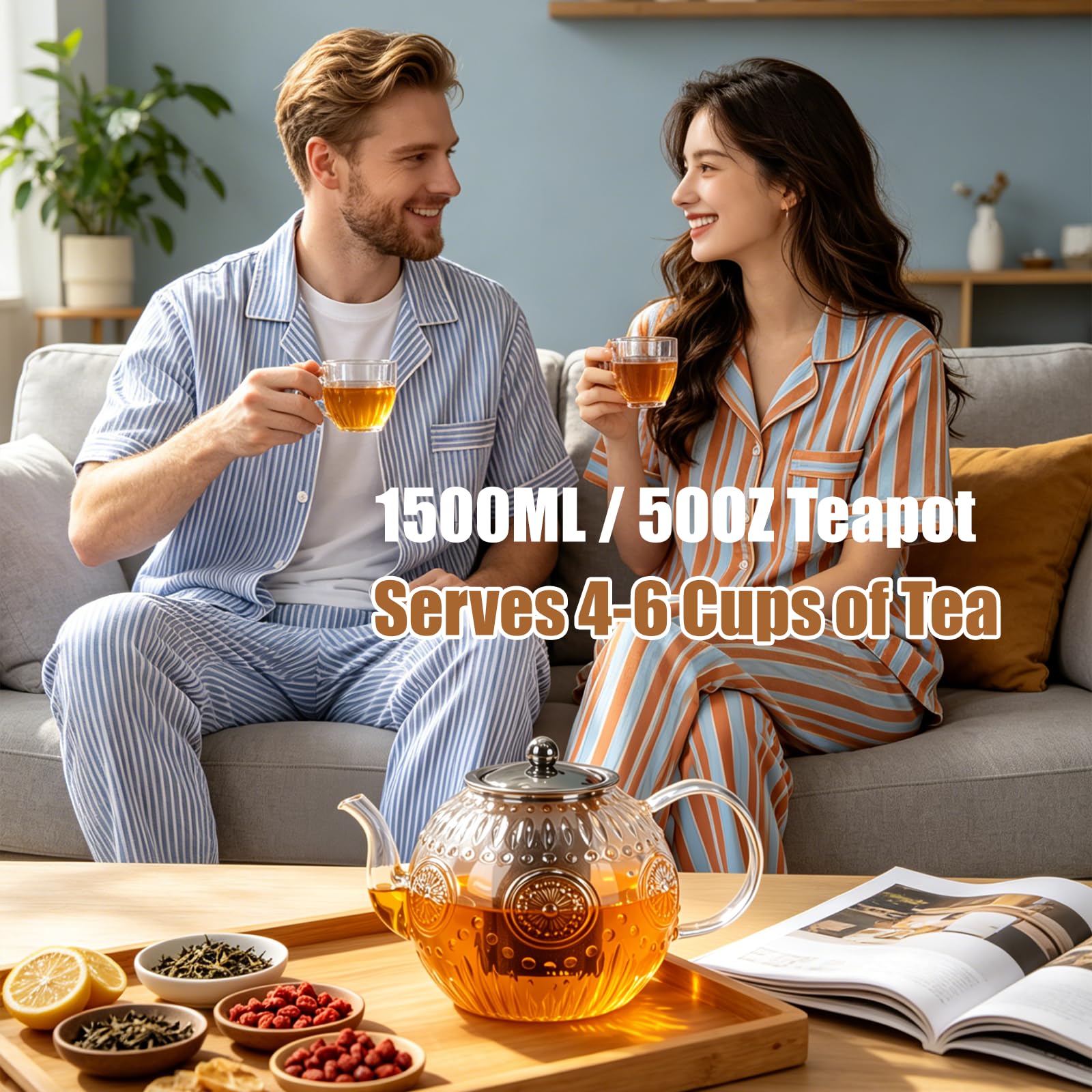 Teiera in vetro da 1500 ml, con infusore e sottopentola, per 4-6 tazze | Teiera in vetro borosilicato per foglie sfuse e tè in fiore, bustine di tè, lavabile in lavastoviglie e congelatore