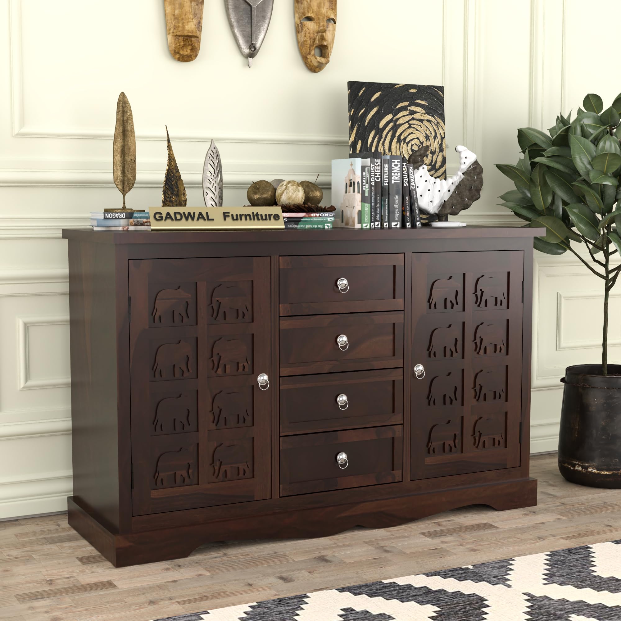 GADWAL FURNITURE Solid Sheesham Wood Wooden Cabinet Sideboard with 4 Drawers and 2-Door Storage (Walnut Finish)-picture-19