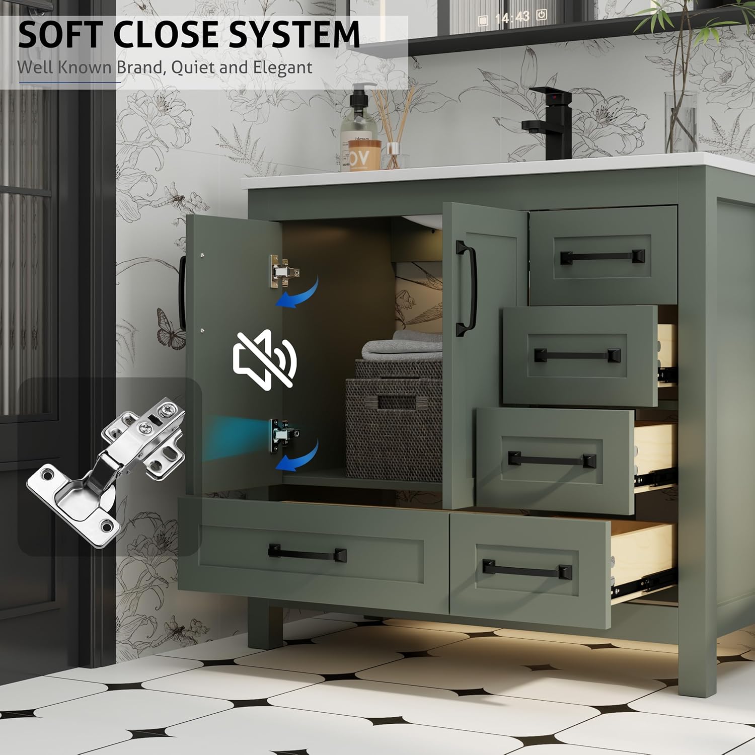eclife 36" Bathroom Vanities with Sink Combo, Modern Thickened Wood Bathroom Storage Cabinet w/Undermount Sink, Matte Black Faucet Drain, Painted Surface, Green