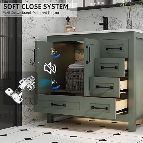 Miniatura 31 de eclife Tocadores de baño de 30 pulgadas con lavabo, moderno gabinete de almacenamiento de baño de madera gruesa con fregadero empotrado, drenaje