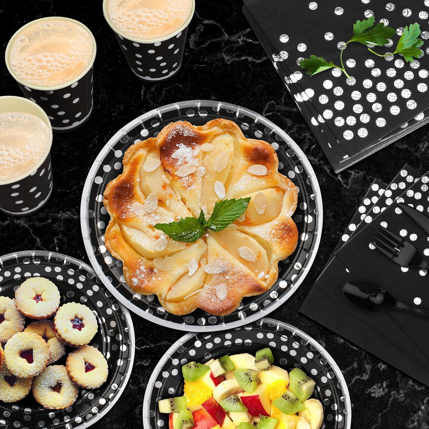 175PCS Black & Silver Party Supplies - Silver Dot Disposable Dinnerware - Black Paper Plates, Napkins, Cups, Plastic Forks, Knives, Spoons for New Year, Wedding, Graduation, Birthday Parties