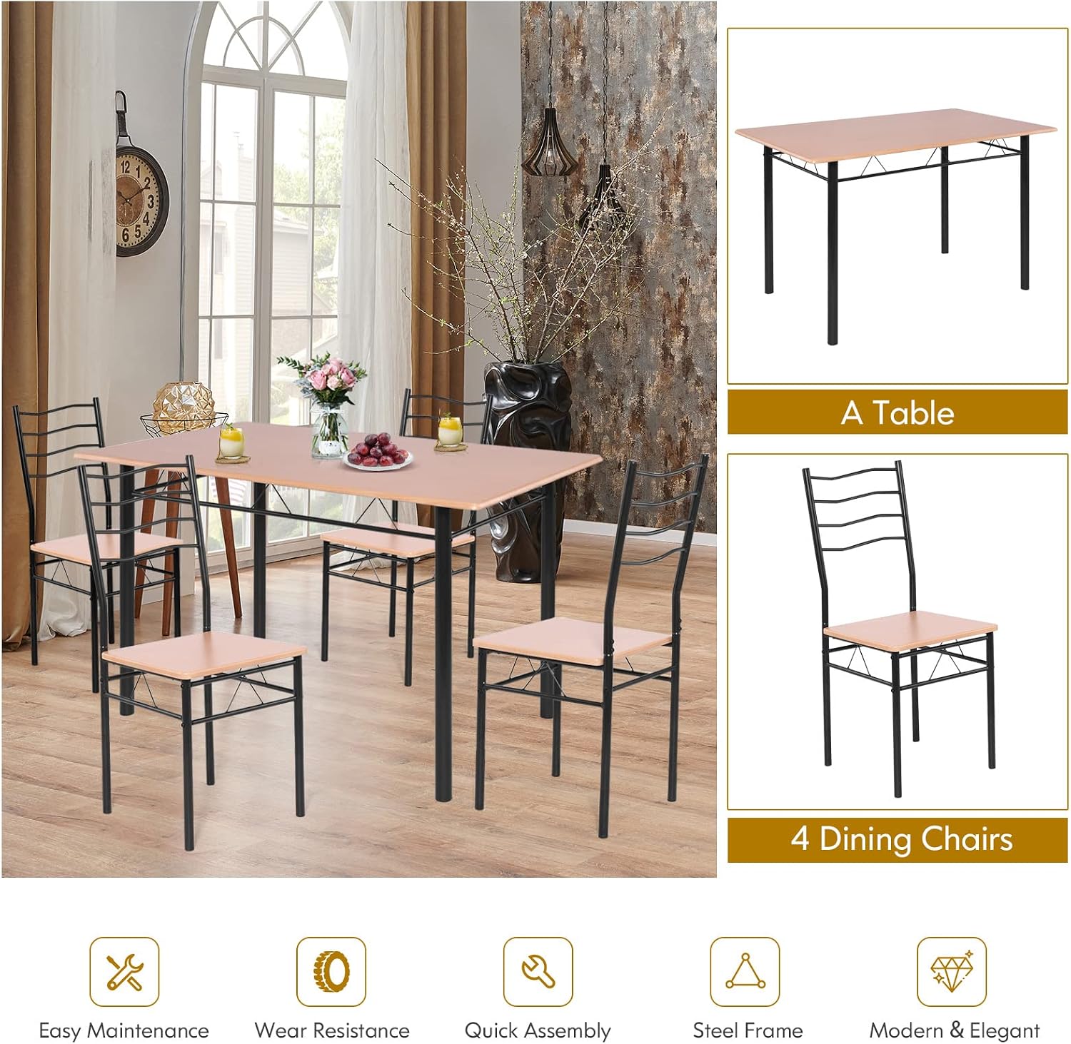 Harmony-Furniture 5-Piece Dining Table Set, Modern Kitchen Table Set with 4 Chairs, Metal Frame, Dining Table and Chairs Set for Kitchen, Restaurant, Café (Beech Wood), UL-3P0J-TVPP