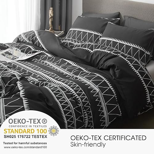 Miniatura 2 de HYPREST Fundas de edredón negras King - Funda de edredón negra de 3 piezas, tamaño King, patrón bohemio con cierre de cremallera y lazos en las