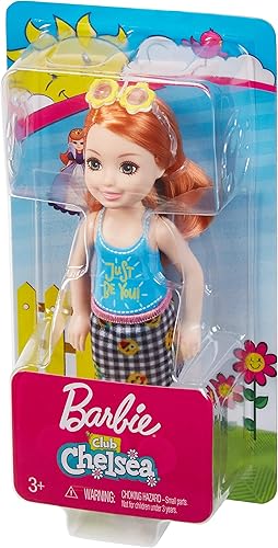 Miniatura 5 de Barbie Club Chelsea Doll, pelirroja de 6 pulgadas con falda extraíble decorada con emojis y gafas de sol en forma de flor, para niños de 3 a 7 años
