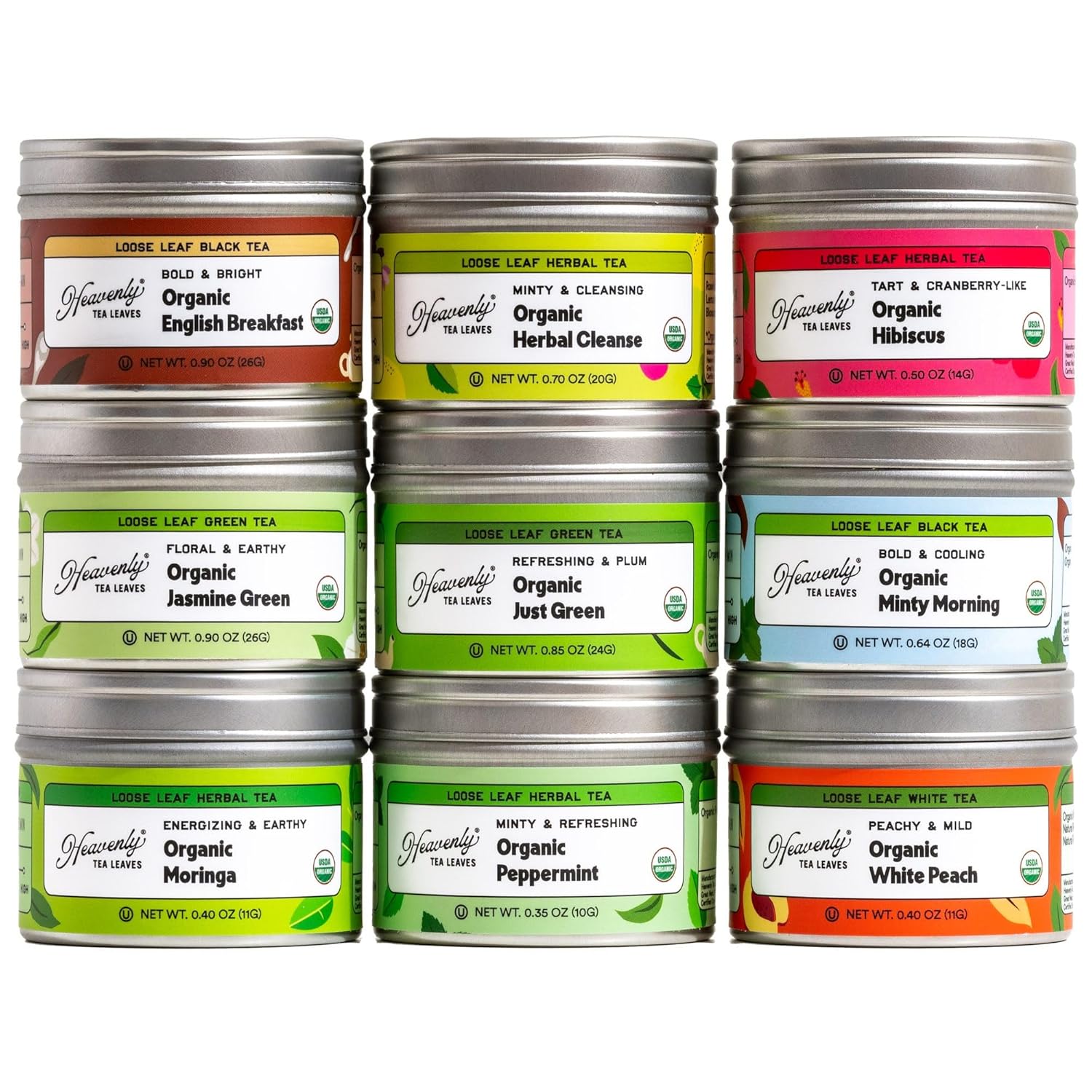 Heavenly Tea Leaves Organic 9 Flavor Variety Pack | Loose Leaf Tea Sampler (Approximately 90 Cups) | Premium Gift Set Assortment of Green, Herbal, Black & White Teas | Hot or Iced, High to No Caffeine | Sampler, Great Iced or Hot, High to No Caffeine - Image 2
