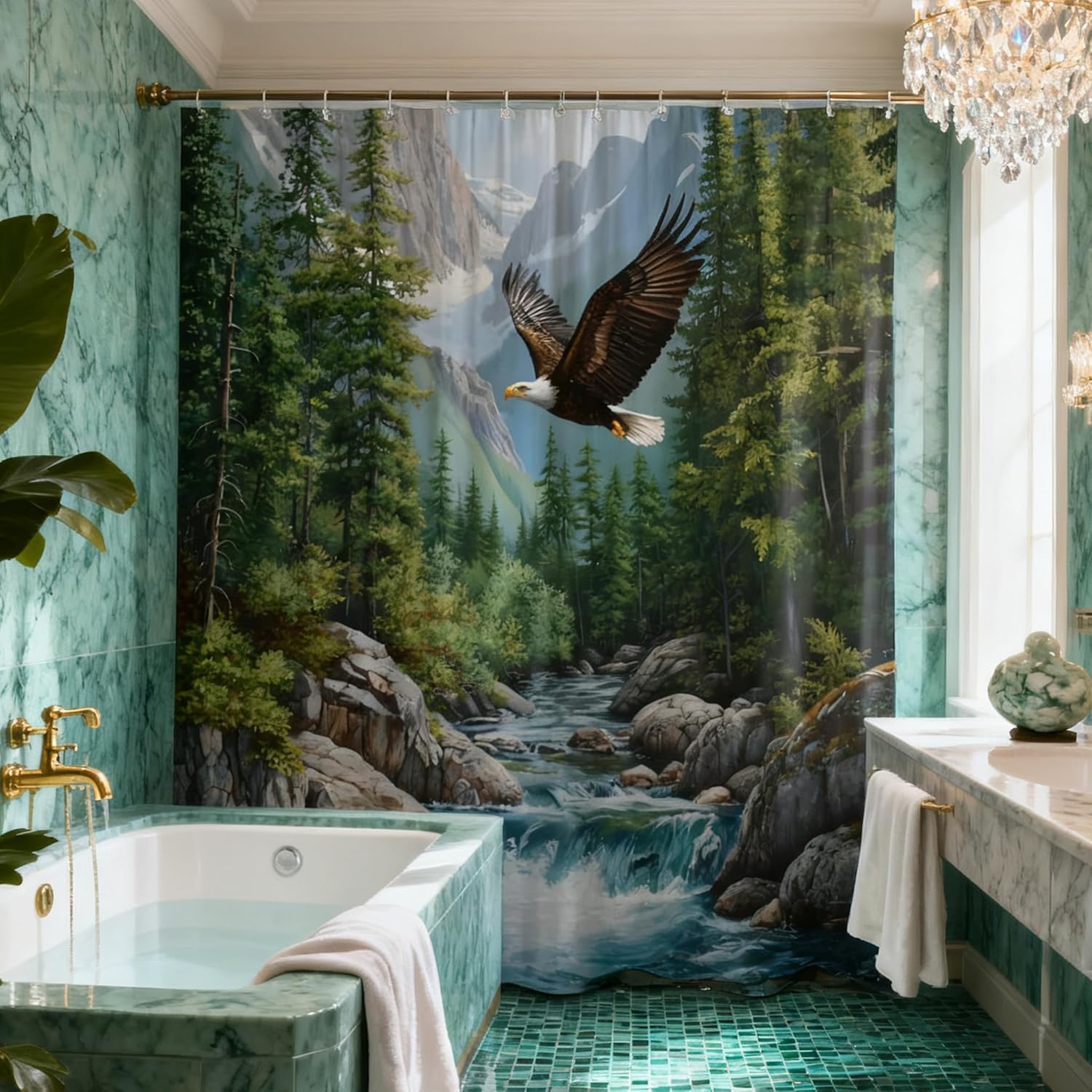 Eagle Shower Curtain Powerful Bird Eagle Wild Animal Wildlife Waterfall Rainforest Cabin Rustic Farmhouse Country Forest Mountain Lake Hunting Camping Nature Scenery Decor Curtain Polyester Fabric