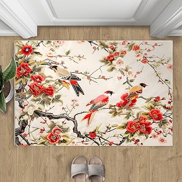 Birds Area Rug,8x10ft,Plum Blossoms Rug,Flowers and Birds Rug, Red Tits Living Room Bedroom Moroccan Carpet, Entrance Kitchen Office Machine Washable Indoor Non-SlipTraditional Style Area Rugs