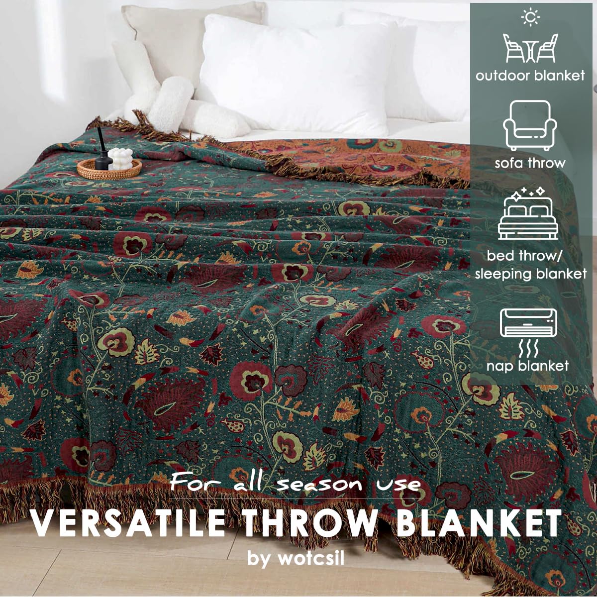 Mantas Sofá Plaid Foulard Sofa Algodón Boho Verano Inverno Estampado de Hojas Florales Multiusos Cubrecama para Cama para Toda Estación, Verde Oscuro, 150x200cm