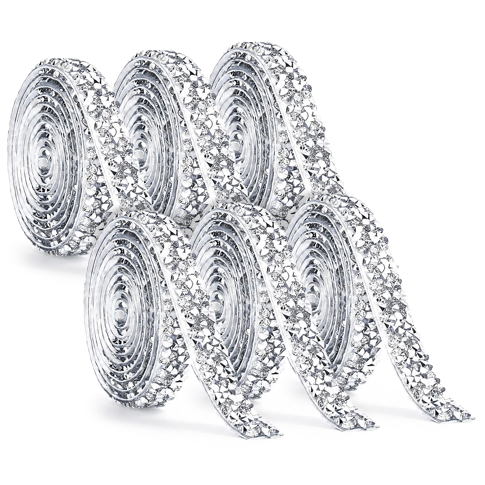 Koythin 6 Rolls Self Adhesive Glitter Rhinestone Ribbon, 10mm Wide High-Density Crystal Bedazzling Strips for Wedding DIY, Sparkle Diamond Tape for Gift Wrapping, Phone Case and Home Decor (Silver)