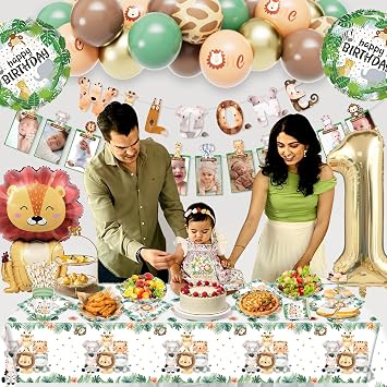 Wild One Birthday Decorations, 1st Birthday Decorations for Boys Girls, Safari Jungle Theme Party Decorations With Balloons, Paper Plates, Cups, Tablecloths, Wild One Party Supplies for 20 Guests