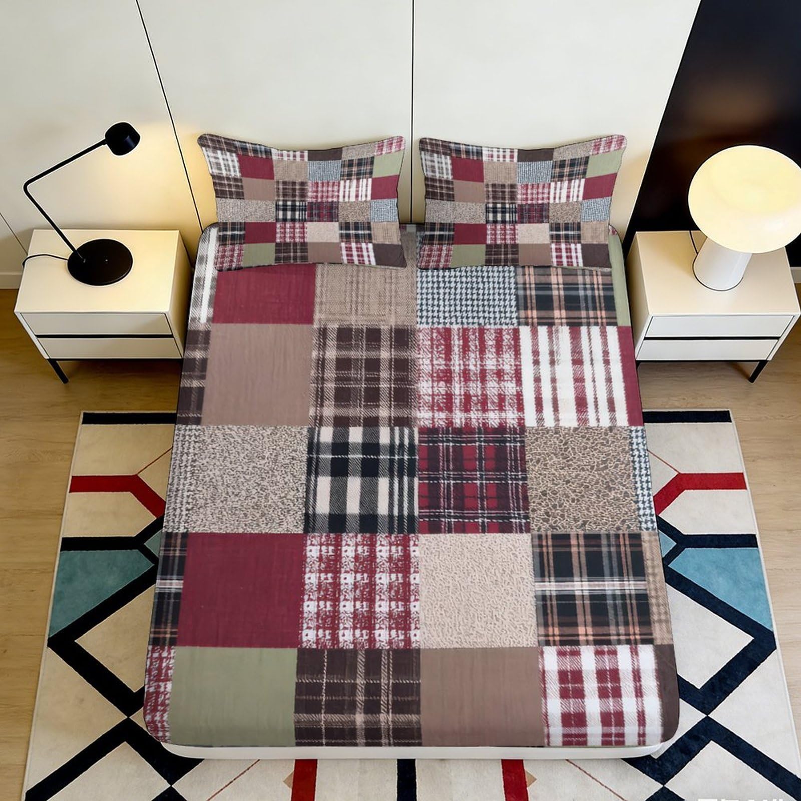 3D Printed Patchwork Plaid Fitted Sheet Microfiber Soft Breathable Checkered Mattress Cover for Bedroom Guest Room Decor 90x200x25cm