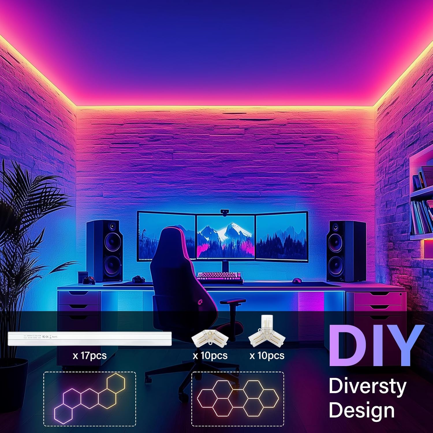 ALLYES Hexagon RGB Lights - Smart RGB LED Wall Lights with Music Sync, DIY Dimmable for Gaming Room, TV, Bedroom, Bar, Gym