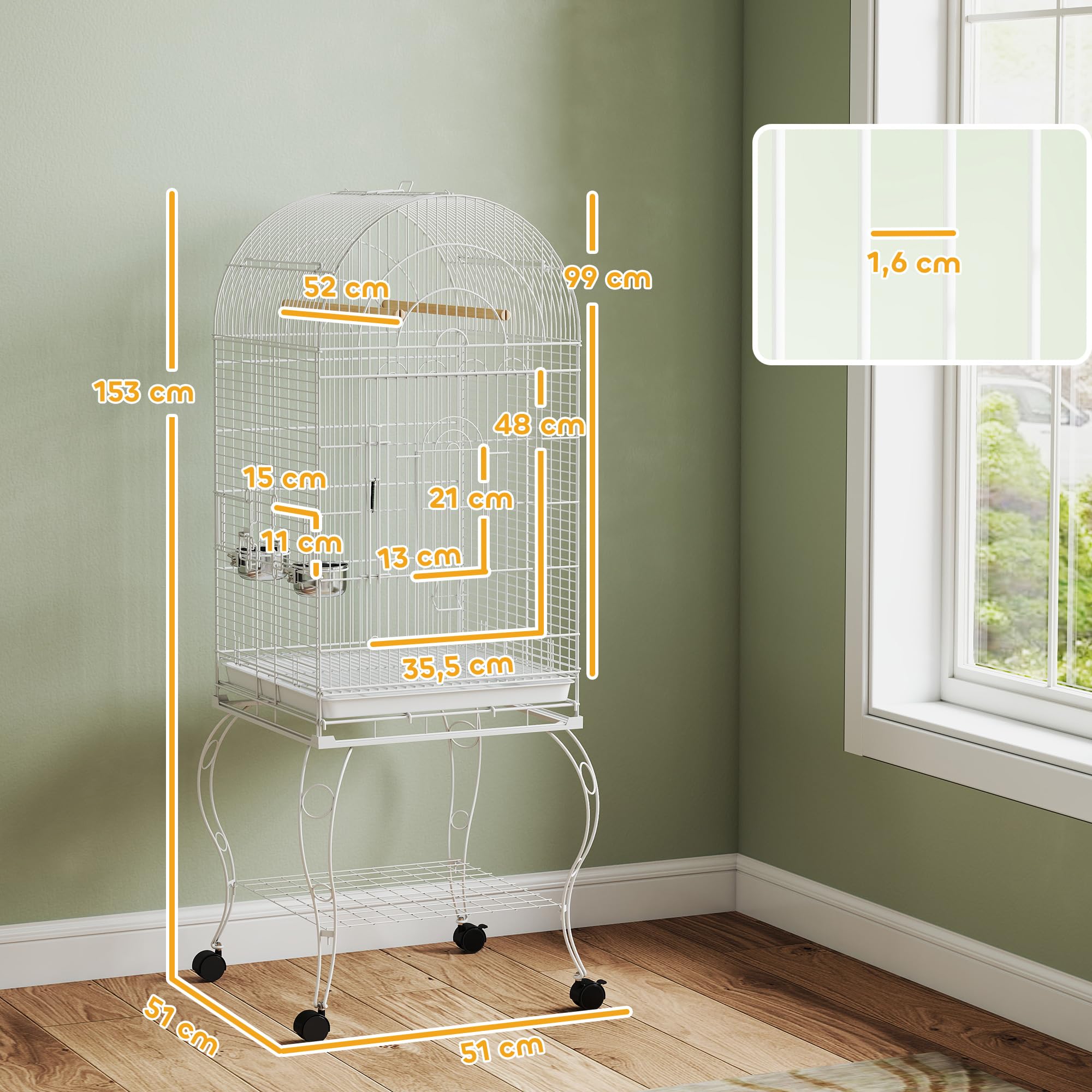 PawHut Jaula para Pájaros con Ruedas y Estante, 51x51x153 cm, Jaula Grande con Parte Superior Abatible, 2 Comederos, 2 Perchas, 4 Puertas y Bandeja Extraíble, para Loros y Canarios, Blanco