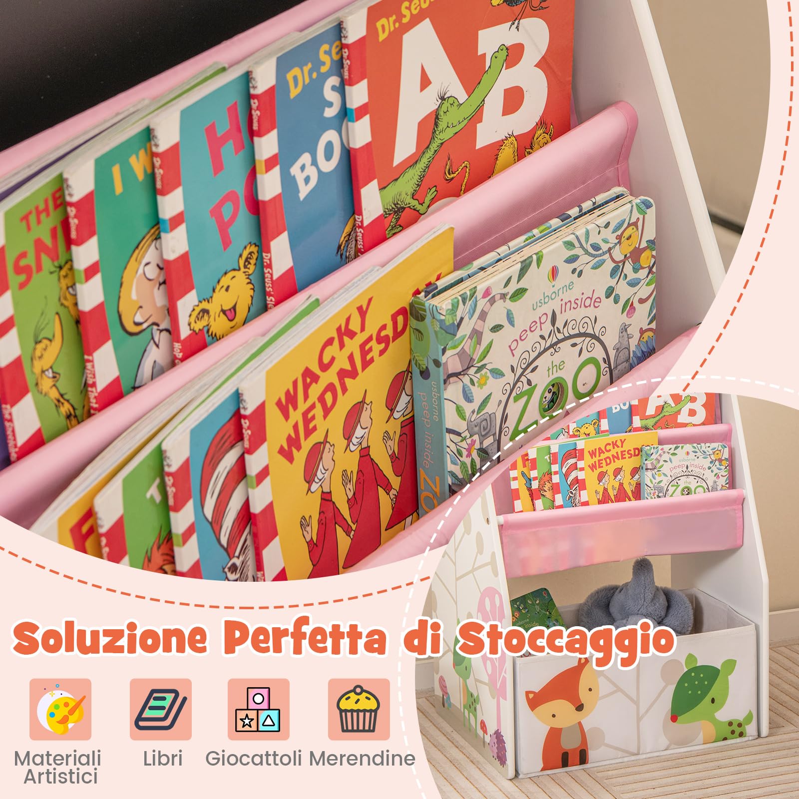 COSTWAY Cavalletto per Bambini Doppio Lato, Set Tavolo e Sedia per Bambini con Lavagna Magnetica e Lavagna Bianca, Contenitore in Tessuto e Libreria(Bianco)