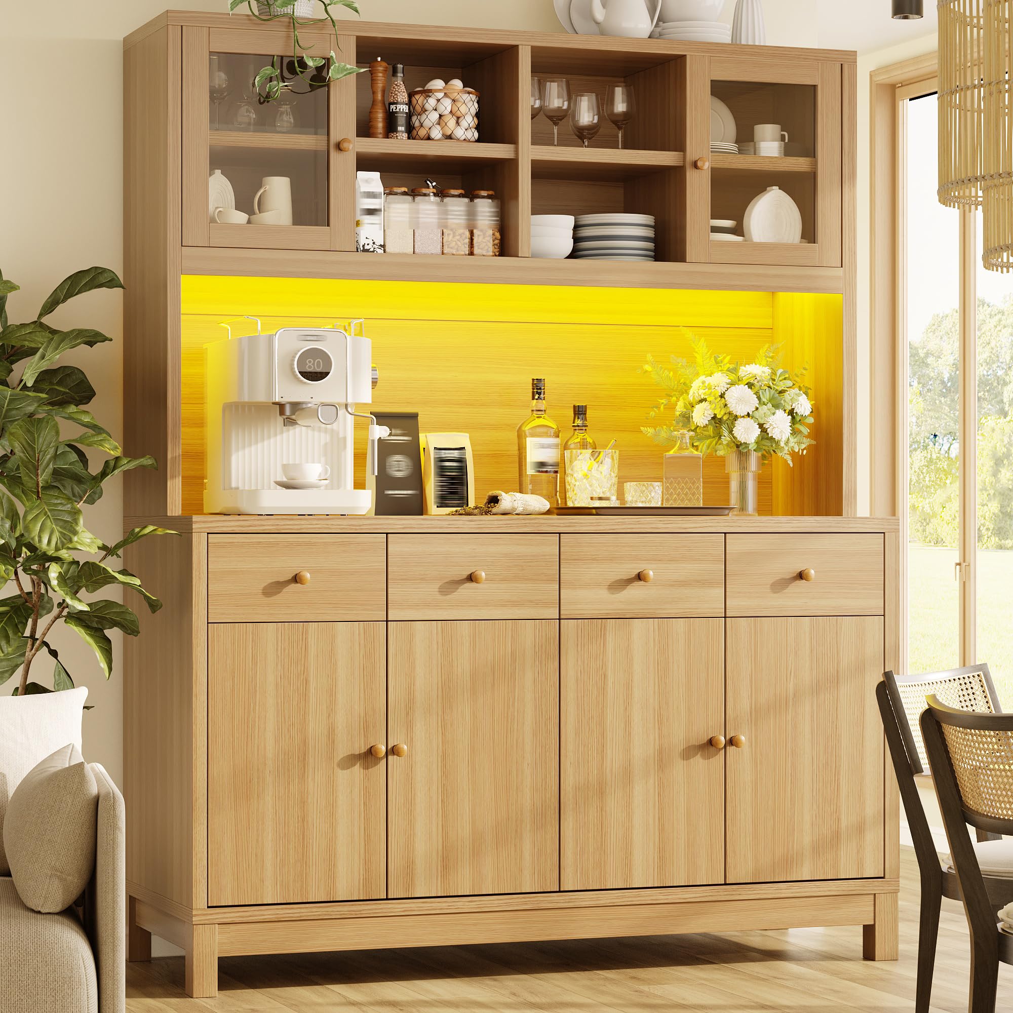 Credenza Cucina Alta con Luce LED, Mobiletto Soggiorno Ristorante