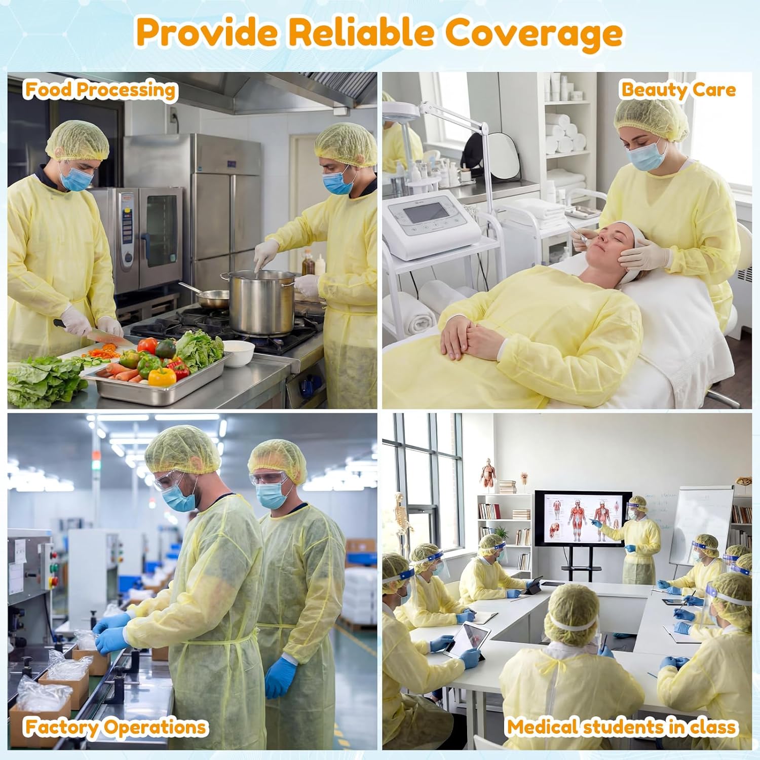 Xuhal 100 Set Disposable Isolation Gowns Set PPE Gowns Disposable and Non Woven Bouffant Caps with Elastic Cuffs for Labs Home Isolation Beauty Agencies Food Service, Unisex Adult (Yellow)