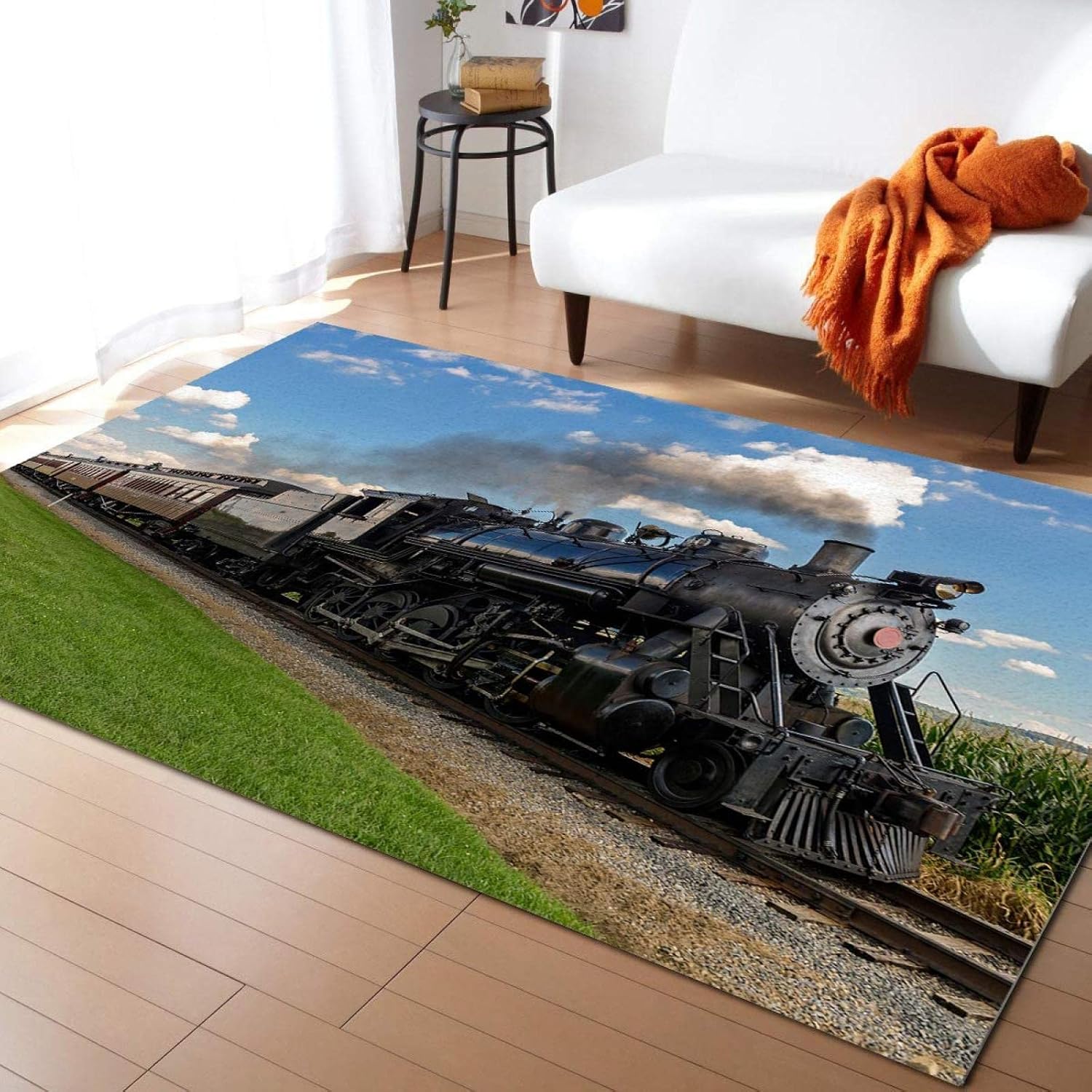 Vintage Running Steam Train Area Rugs, Classical Train Steam Easy Clean