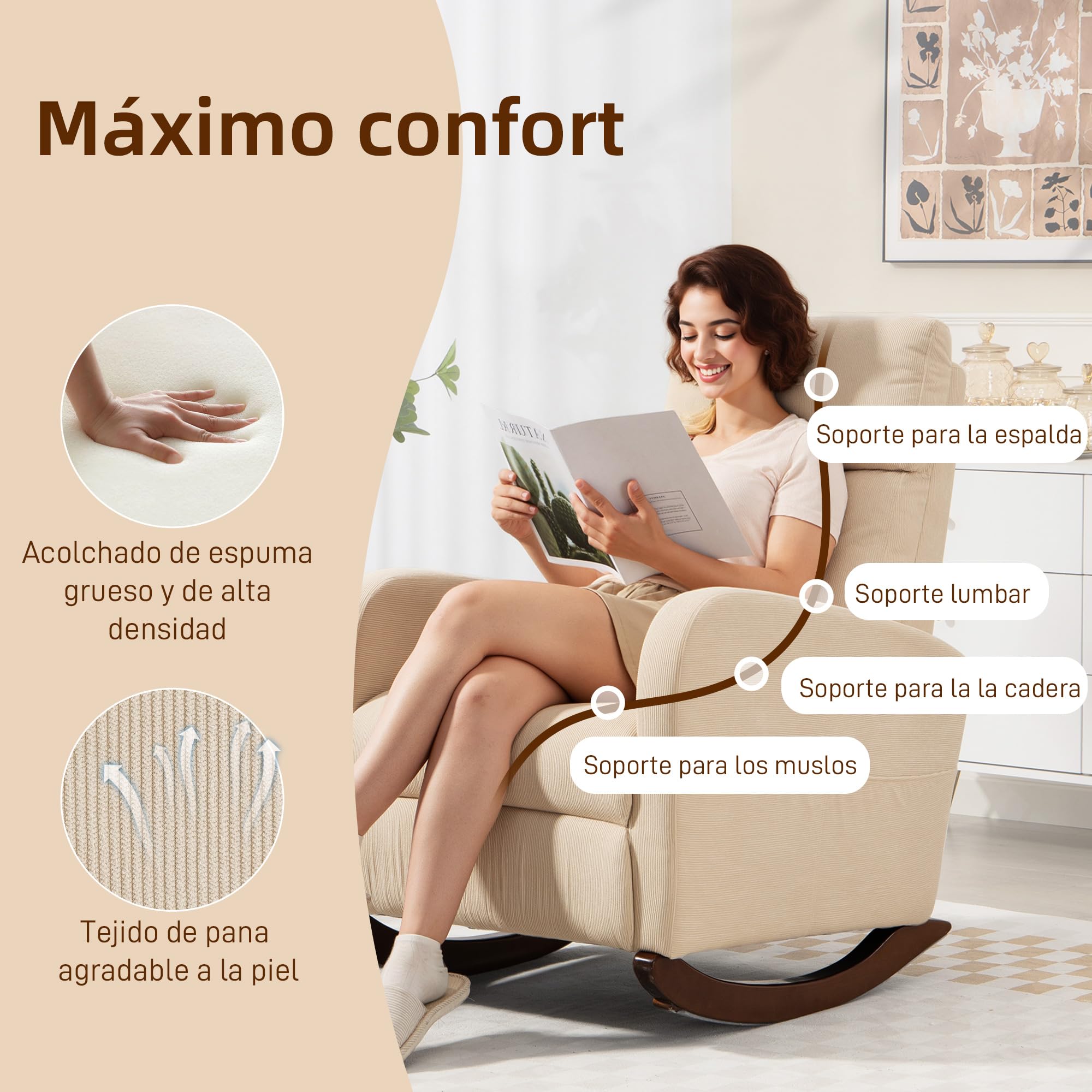 HOMCOM Silla Mecedora, Mecedora de Pana con Respaldo Alto, Patas de Madera de Caucho, Bolsillos, Reposabrazos, Estilo Moderno, Sillón de Lactancia, Carga 120 kg, para Dormitorio, Salón, Beige