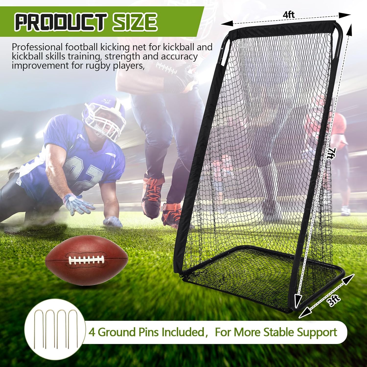 Football Kicking Cage Net Football Throwing Net Powder Coated Steel Extra Deep Pocket with Carrying Bag for Punting Kicking Practice Train Equipment, Easy to Assemble