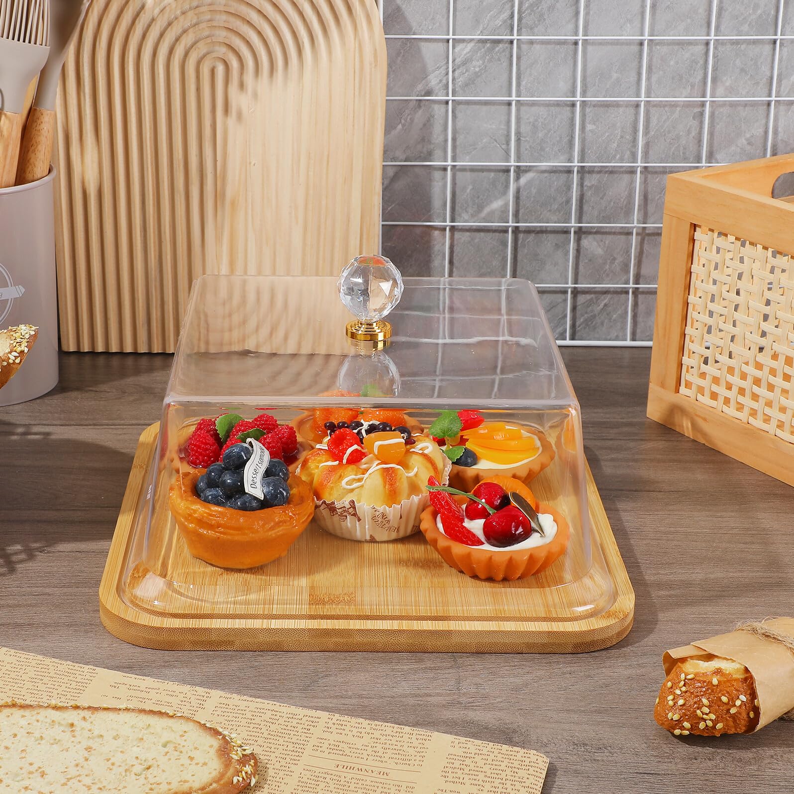 POPETPOP Plateau à Gâteau Support à Gâteau Simple Design avec Couvercle Acrylique Transparent en Bois Facile à Exposer , pour Présentation et Conservation des Desserts