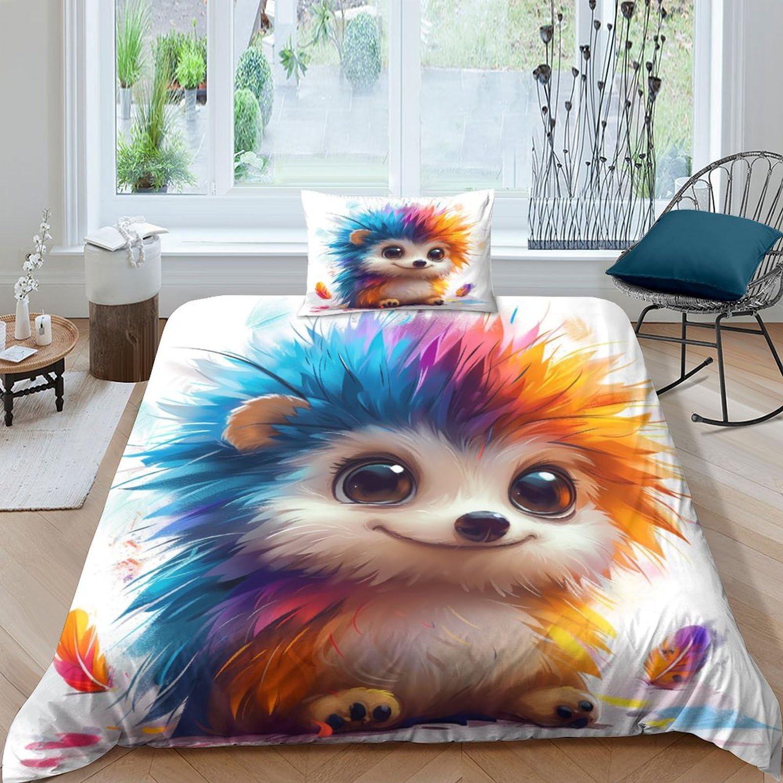 Housse de couette hérisson 135x200 cm avec sa taie d'oreiller en microfibre pour lit simple