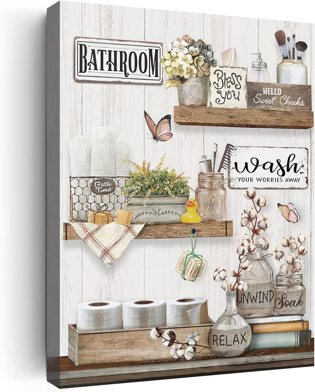Bathroom Wall Art Prints Relax Soak Unwind Sign Wall Decor Vintage Flower Jars Canvas Poster Farmhouse Bathroom Artwork Painting Home Decor Framed Ready to Hang 16x24in