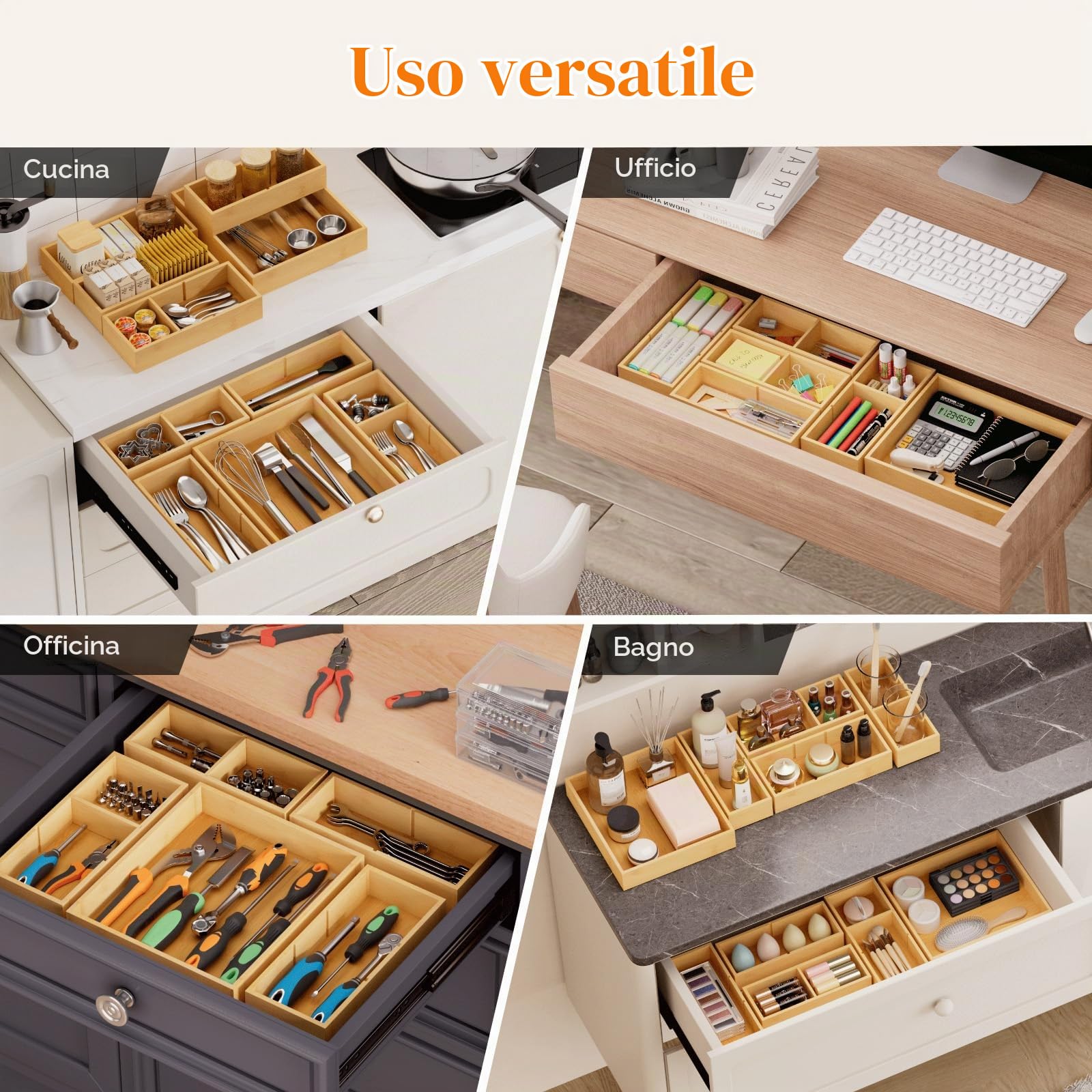 Lifewit Set di 15 Organizer Cassetti con 18 Inserti, Scatola Portaoggetti Regolabile con 33 Scomparti, Contenitori Divisori Cassetti in Legno per Utensili da Cucina, Trucco, Gioielli, Ufficio, Bagno