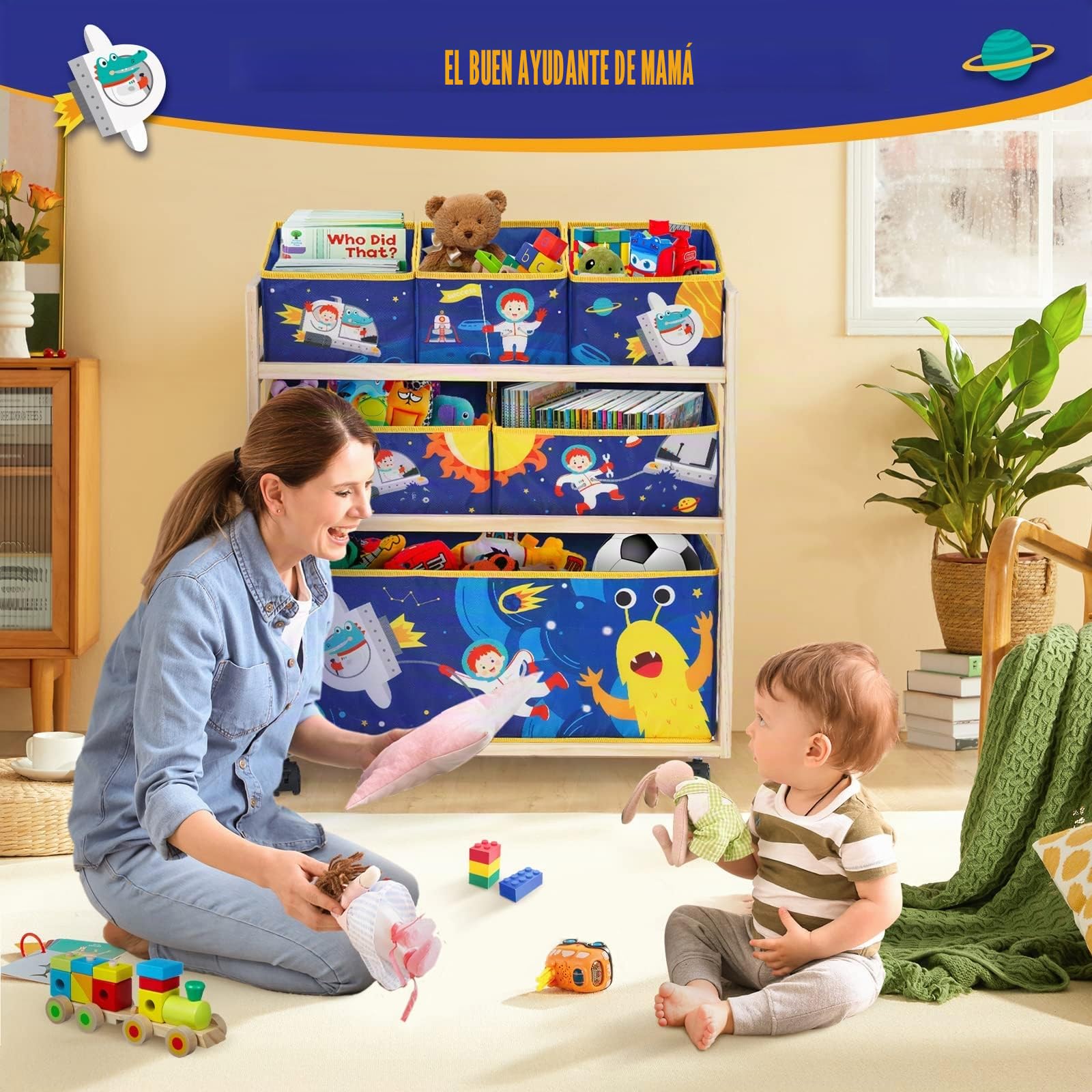 NUKied Estantería Infantil para Juguetes y Libros con Ruedas,6 Cajas de Tela no Tejida Extraíbles, para Sala de Juegos,Escuela, 64x 28 x 60 cm,Patrón Pequeño Monstruo