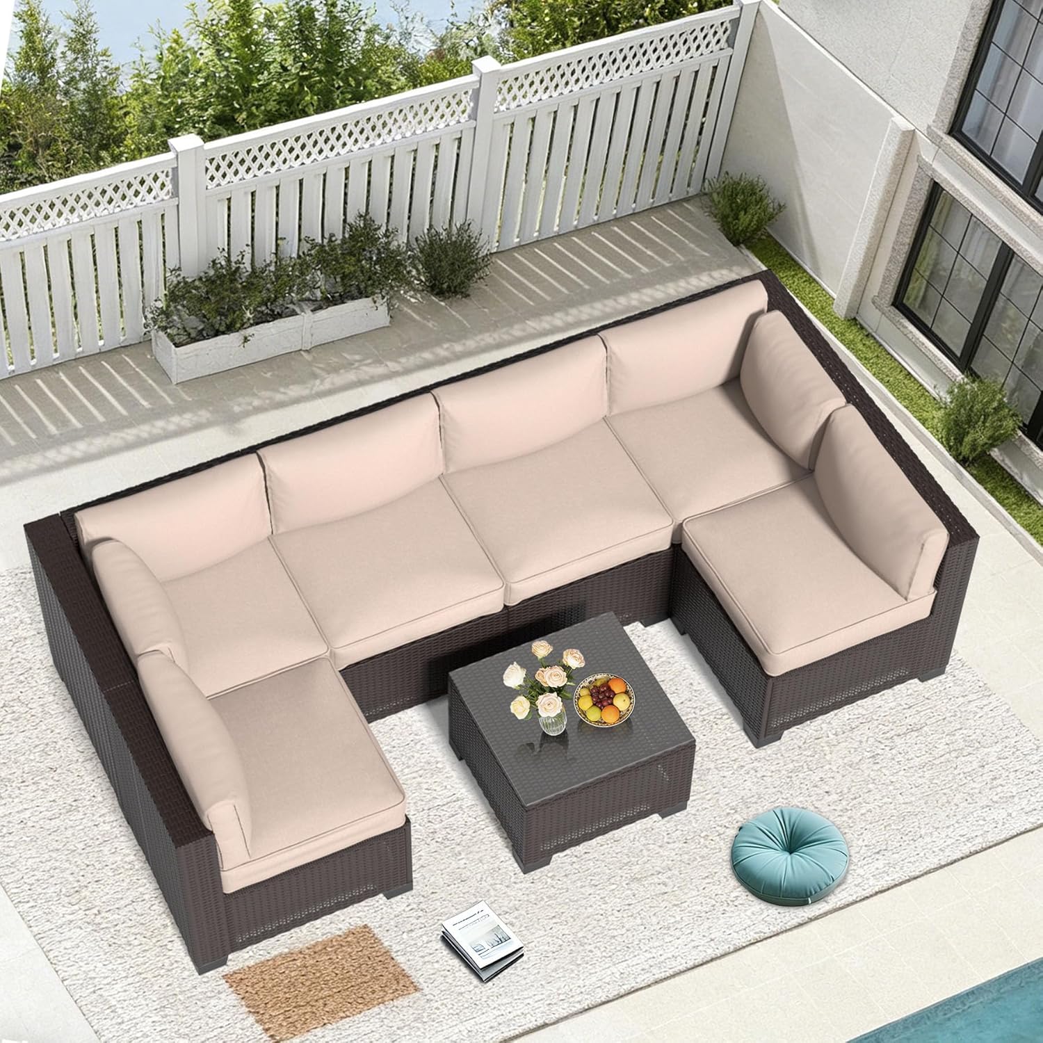 YLGJ&TIDY 7-Piece Outdoor Sectional Patio Furniture Set, All-Weather Wicker Rattan Sofa w/Thick Washable Cushions & Tempered Glass Table, Perfect for Garden, Poolside, Backyard (7, Khaki)
