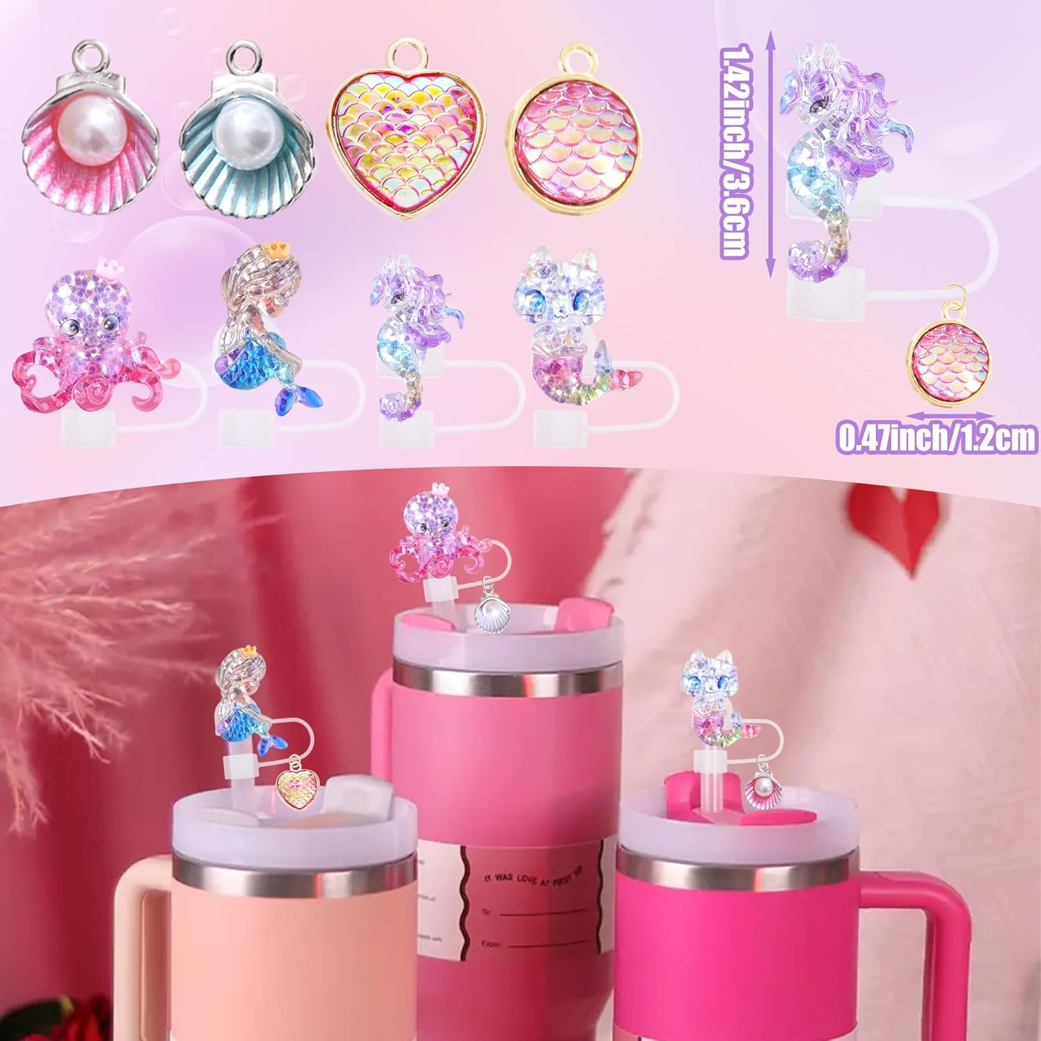 Straw Toppers Set, Mermaid Straw Covers Cap with Clip-on Bling Charms for 30oz 40 0z Stanley Tumblers, 10mm Cute and Shiny Modern Simple Tips Stanley Accessories - Image 4