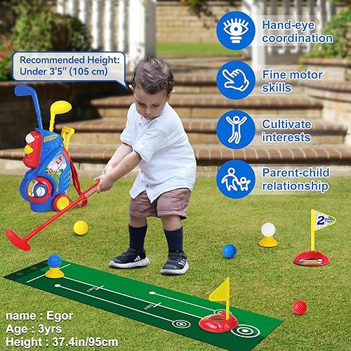 Miniatura 5 de Juego de palos de golf para niños y niñas de 2, 3, 4, 5 años, juego de palos de golf para niños con carrito y tapete de puting, juguetes deportivos
