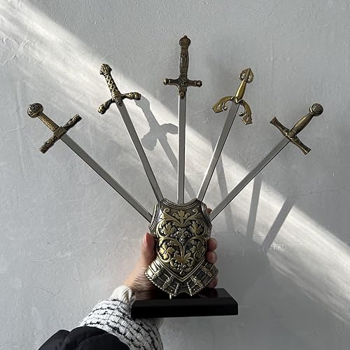 Miniatura 6 de Espada Excalibur de metal, 5 espadas de acero inoxidable con base de armadura de aleación de zinc, mango medieval de bronce vintage, mini espada