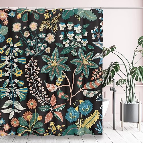 Vista 74 de Tititex Cortina de ducha de lino sintético de 4.94 oz/m², diseño floral azul con hojas doradas con flores, decoración de baño, juego de cortinas