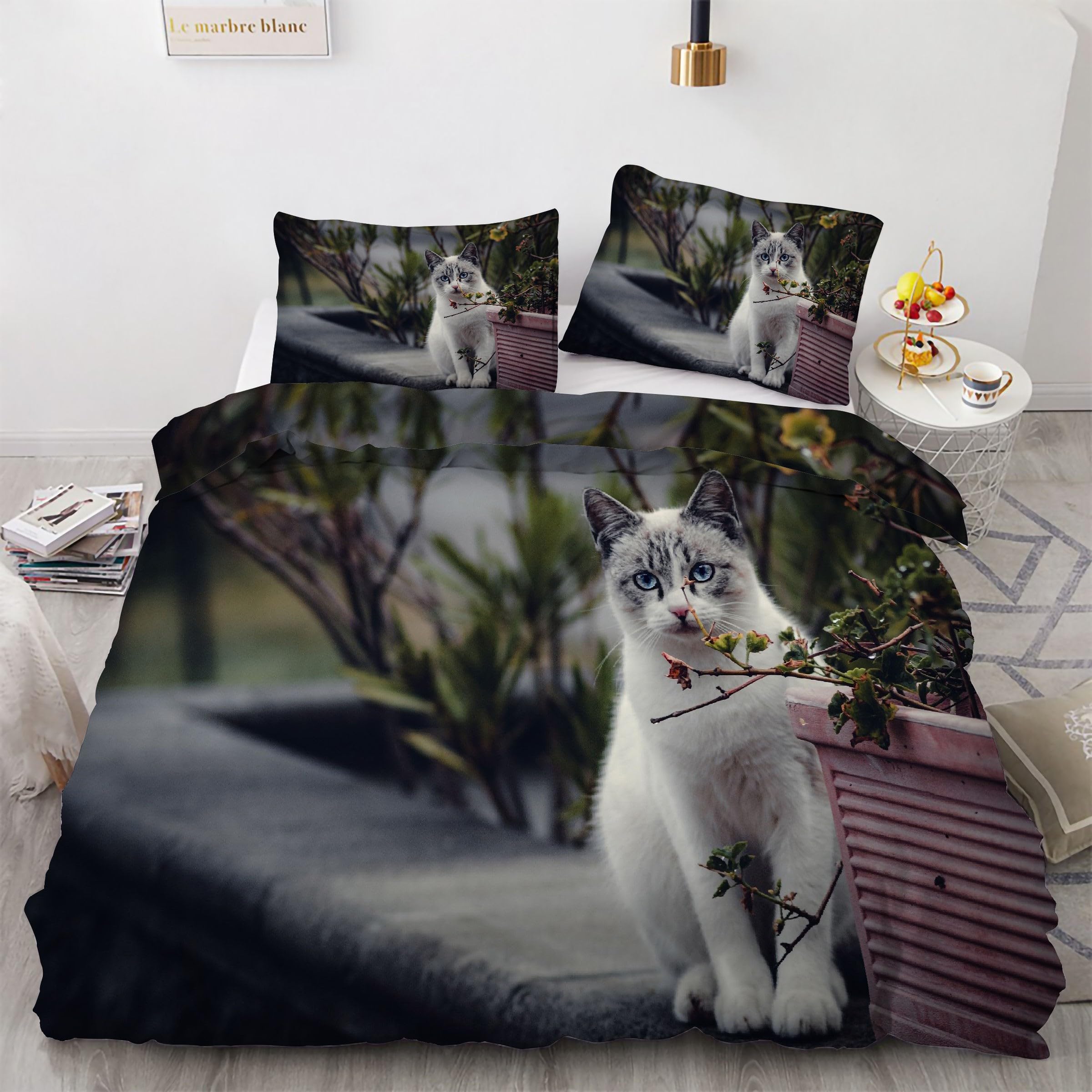 Housse de couette 240 x 260 chaton mignon parure de lit 3 pièces microfibre confortable