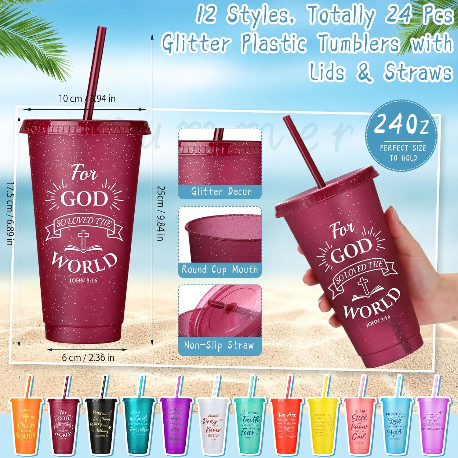 72 Pcs/ 24 Set Bible Verse Gifts Bulk 24 oz Easter Christian Plastic Tumbler with Lids and Straws Inspirational Prayer Notepads Religious Pen Church Cups Gift for Christian Party Favors