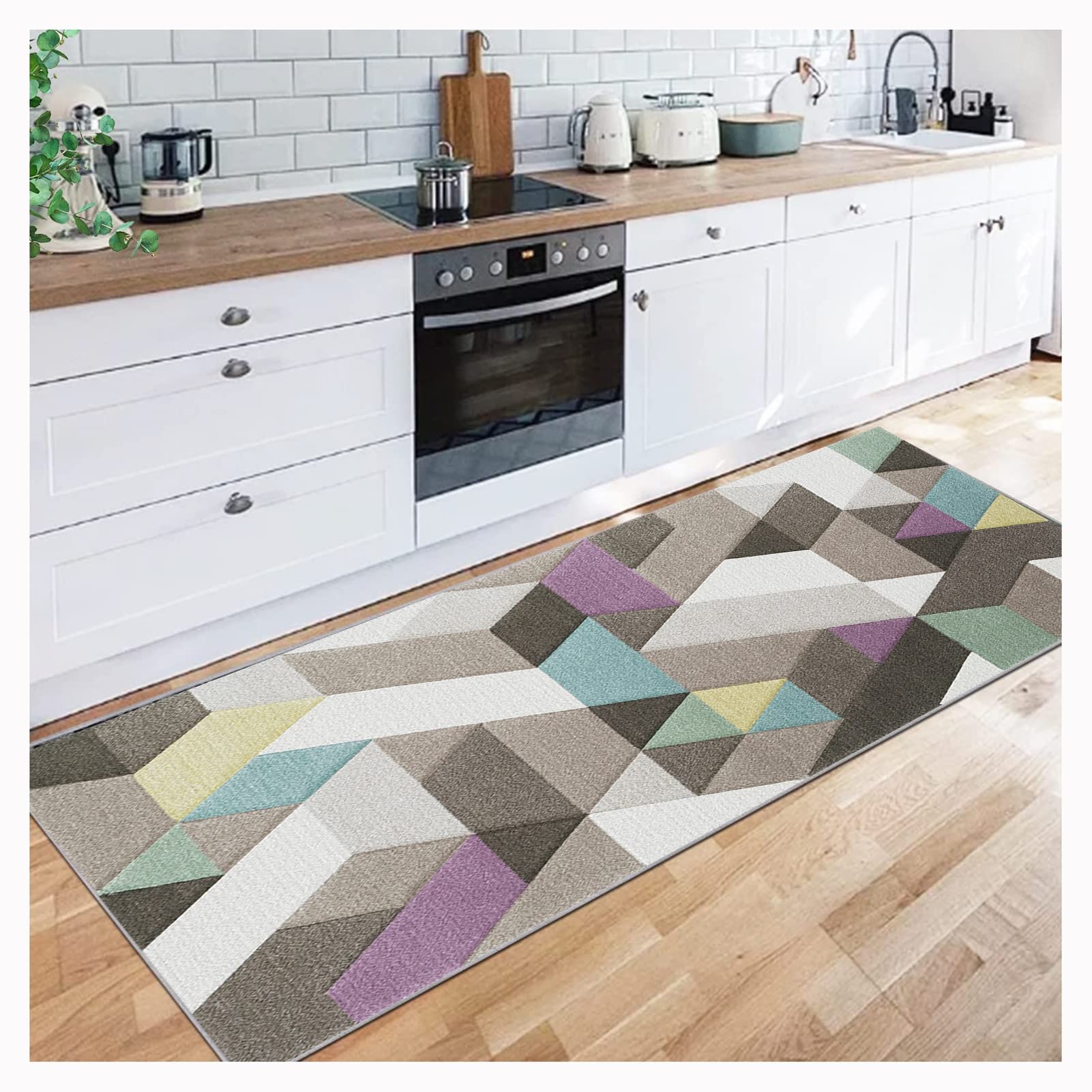 Alfombra lavable para pasillo que soluciona la suciedad en cocinas activas con diseño morado y azul