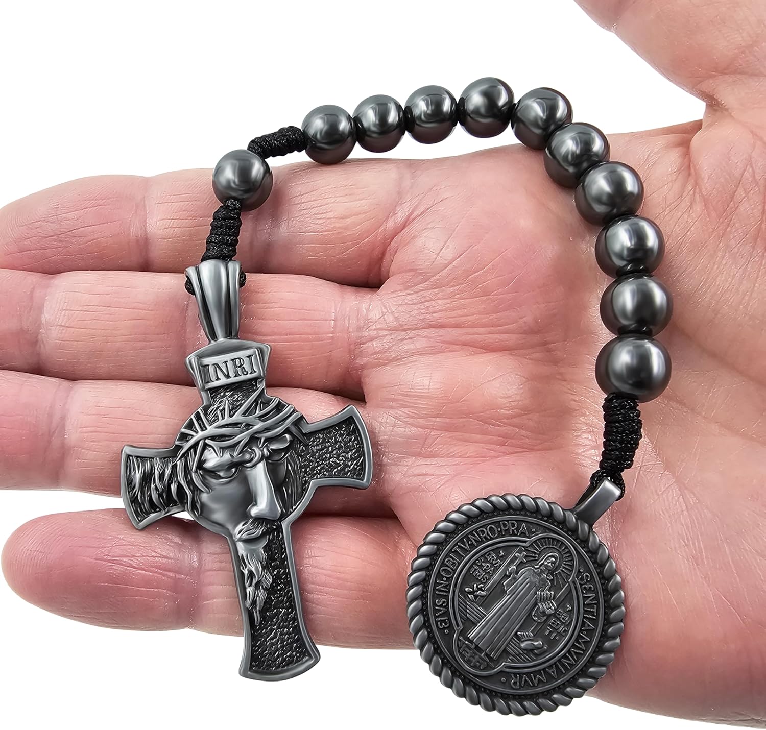 TALISMAN4U Jesus Crown of Thorns Cross Catholic One Decade Car Rosary 10mm Black Hematite Prayer Beads Saint Benedict Medal Pocket Tenner Rosaries Velvet Pouch & Prayer Card Religious Gift - Image 6