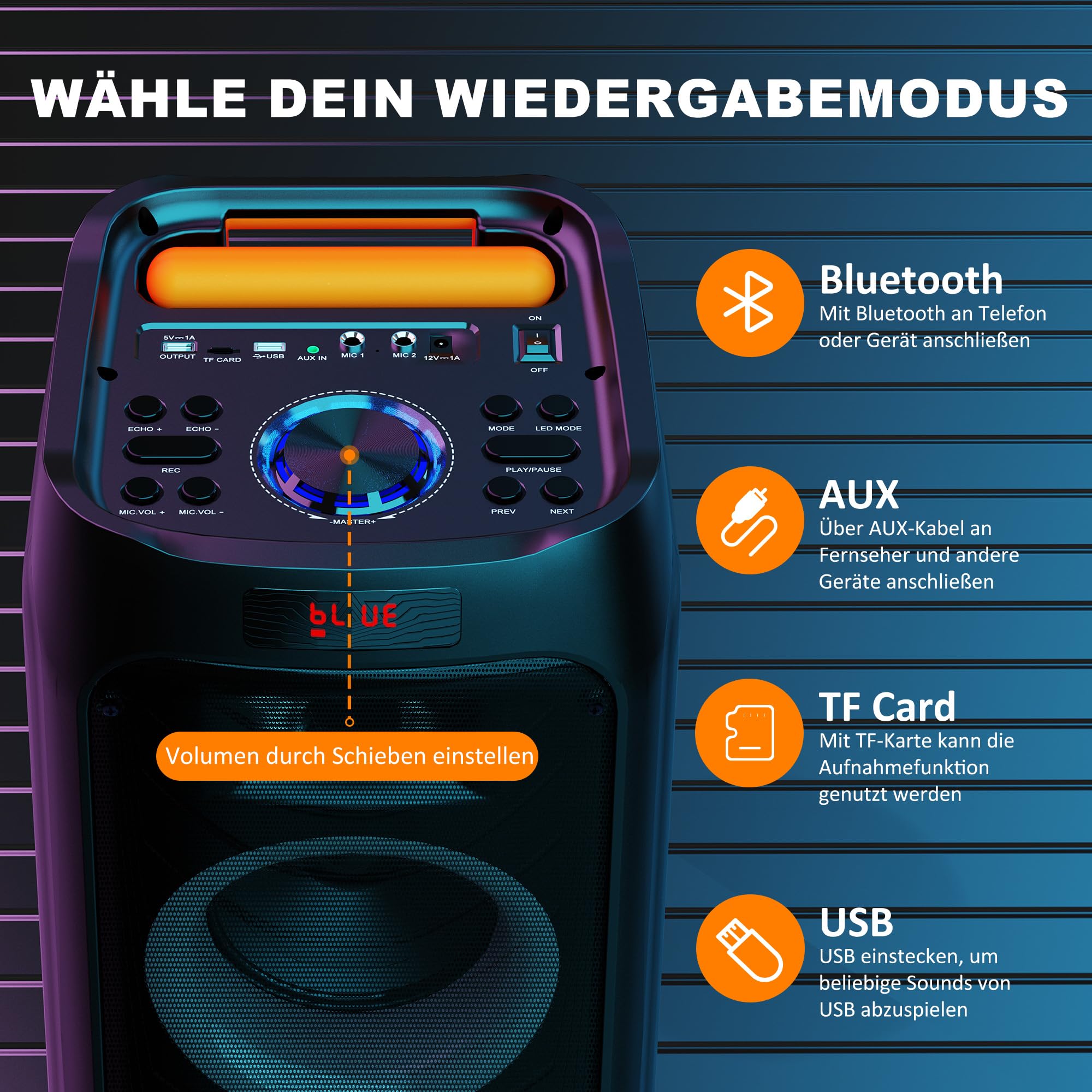 JYX Karaoke Anlage mit 2 drahtlosen Mikrofonen, Bluetooth Party Lautsprecher mit Rädern, Disco Lichtern und Subwoofer, 500W PA System für Party, Outdoor und Karaoke, TWS/SD/USB/AUX/Rec