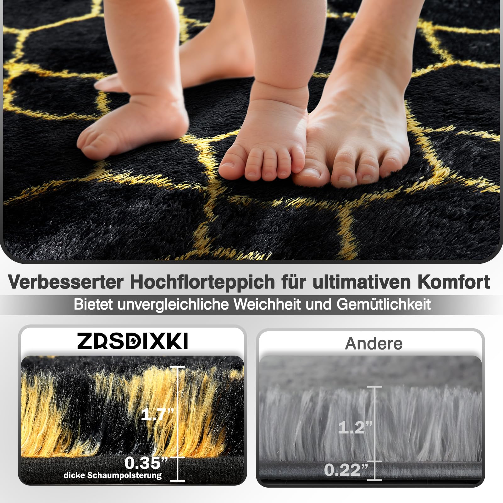 Hochflor Teppich Wohnzimmer 200x300 cm, Schwarz Gold Geometrisch