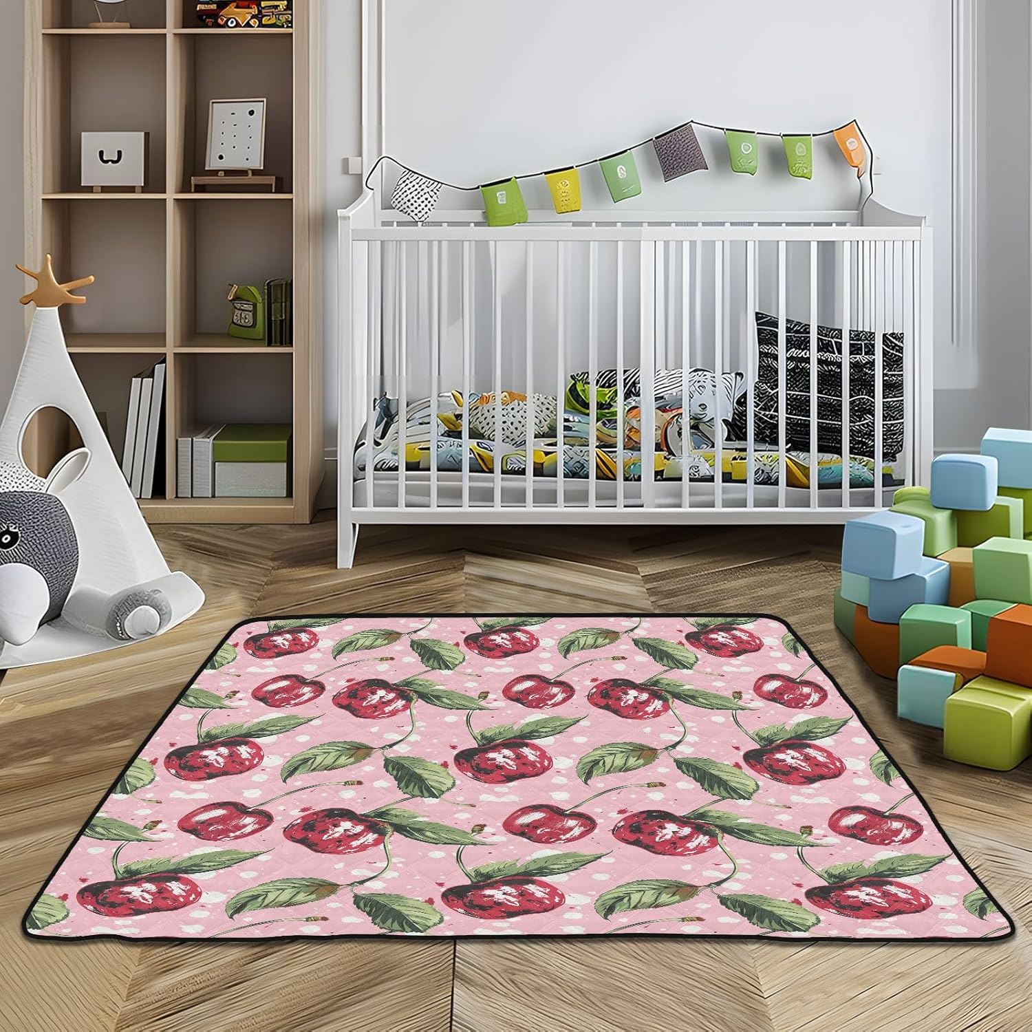 Baby Play Mat Red Cherry Green Leaves 50 x 50 Playpen Mats for Floor Play Gym Crawling Mat Non-Slip Cushioned Baby Playmat for Infants, Babies, Toddlers
