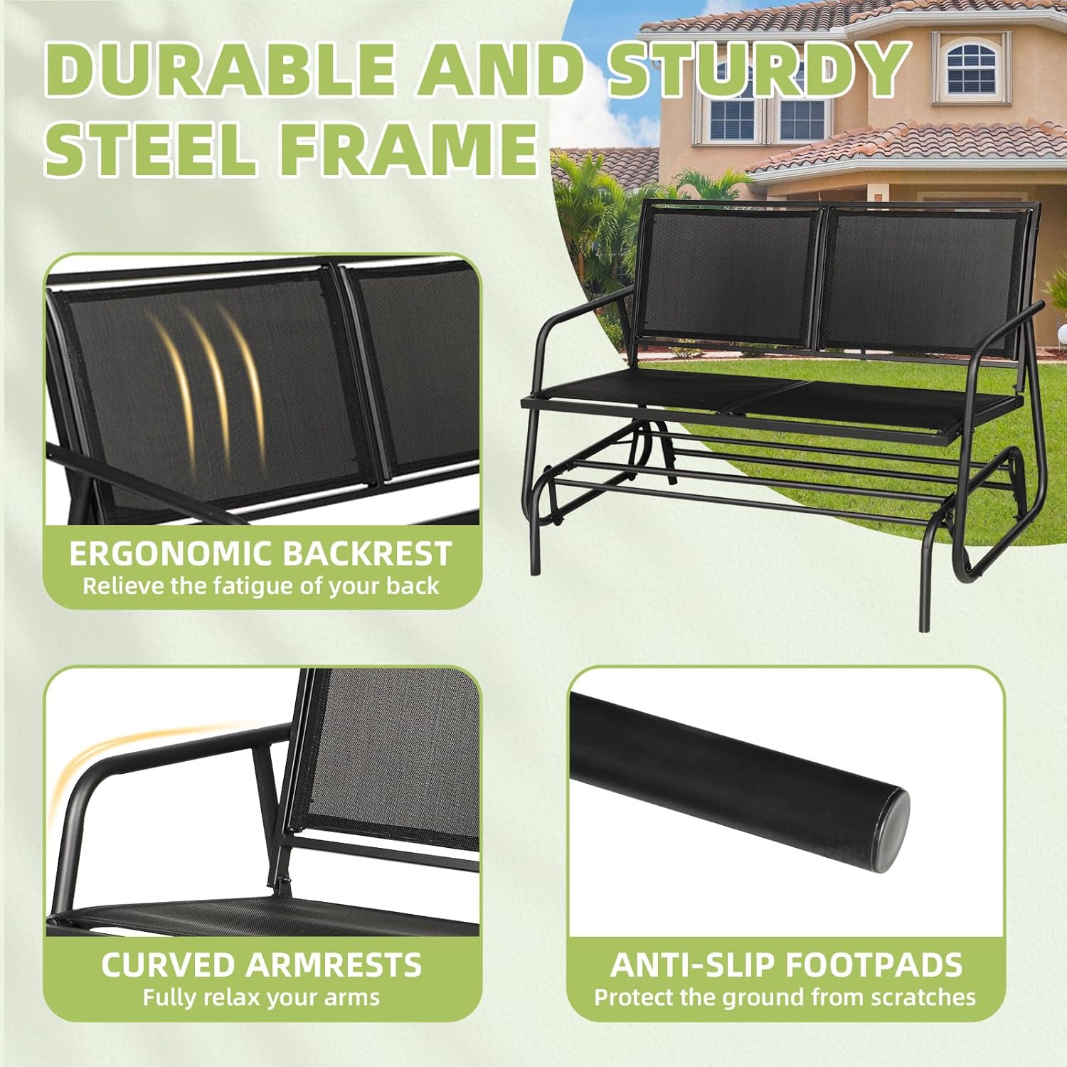 2-Person Outdoor Glider Bench, 2 Seats Patio Double Swing Rocking Chair, Loveseat with Powder Coated Steel Frame & Textilene Fabric for for Backyard, Garden, Deck (Black)