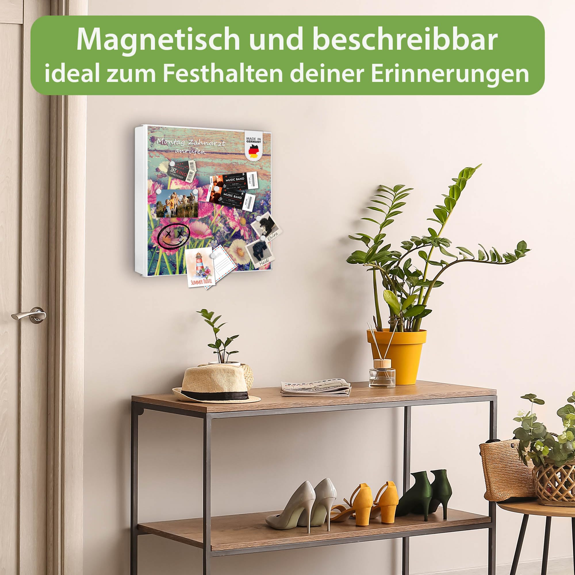 banjado Großer Schlüsselkasten Metall - Schlüsselbox 30x30cm beschreibbarer mit 32 Haken - Schlüsselkasten modern für Schlüsselaufbewahrung - Korpus Weiß Scharnier Rechts - Motiv Blumenpfücken
