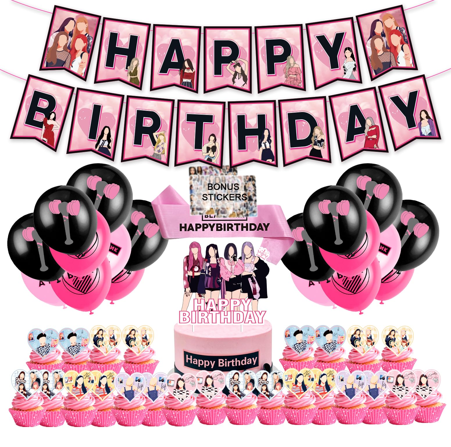 KPOP Girl Group Birthday Party Kit Supplies For Black and Pink includes Banner - 1 Cake Topper - 24 Cupcake Toppers - 18 Balloons - 1 BDay Sash