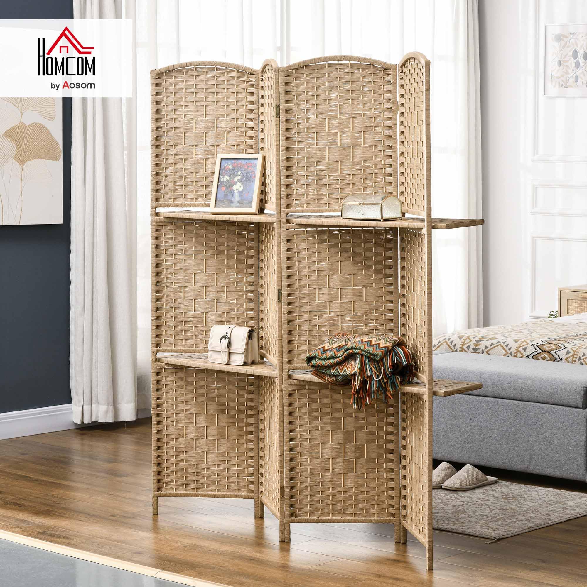 HOMCOM Paravent séparateur de pièce 4 Panneaux 160 x170 cm avec 2 étagères, Pliable, en Bois pour Le Bureau, Salon, Chambre, Bois Naturel