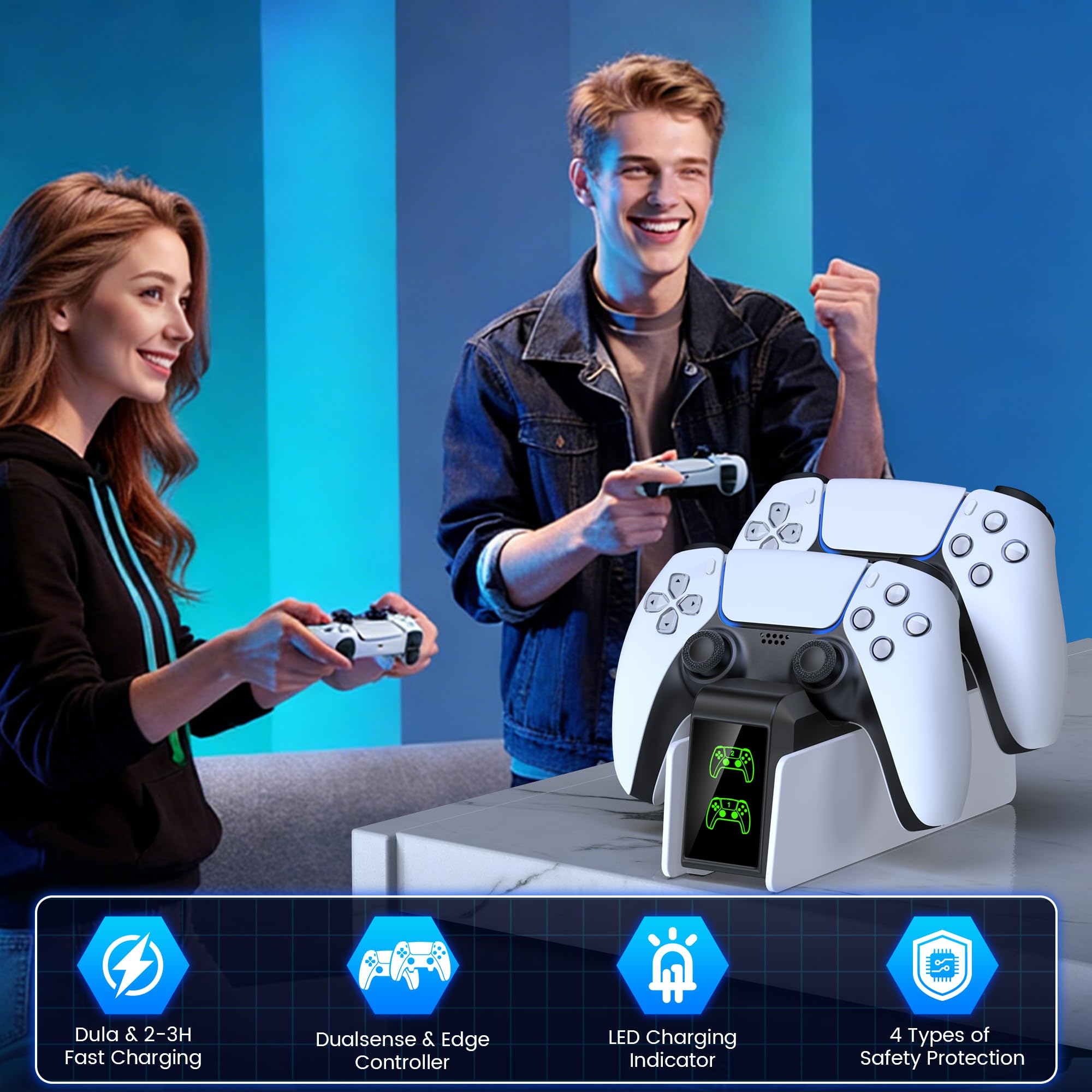 PS5, stazione di ricarica per controller PS5, set di accessori per Dualsense Wireless/Edge, stazione di ricarica per controller PlayStation 5 con ricarica rapida 2 ore, luce RGB fredda